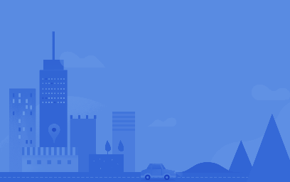 A minimalist illustration in blue tones depicts a cityscape with multiple buildings, including a high-rise with a location pin, and two triangular mountains in the background. A small car is driving on a dotted road in the foreground.